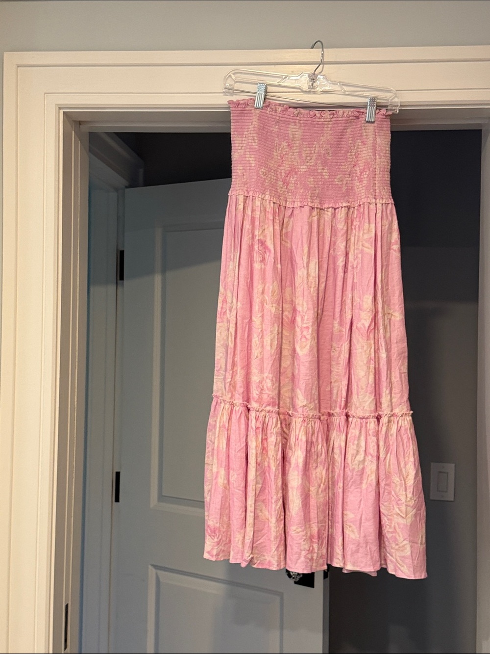 LoveShackFancy Pink Floral Tiered Maxi Skirt with Smocked Waistband